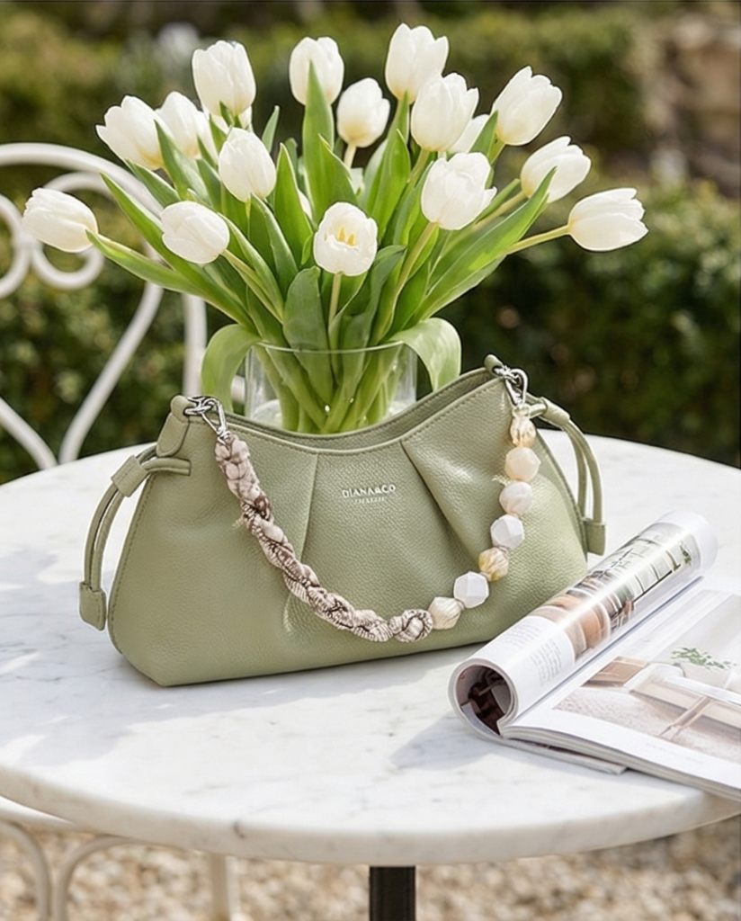 Οι ανοιξιάτικες τσάντες σε αποχρώσεις baby blue, mint και λευκό αποτελούν μια από τις πιο κομψές τάσεις της σεζόν. Η λεπτομέρεια του μαντηλιού περασμένου στο λουράκι προσθέτει μια ιδιαίτερα θηλυκή και elegant πινελιά, κάνοντας κάθε τσάντα να ξεχωρίζει και να ολοκληρώνει ιδανικά τα ανοιξιάτικα outfits.