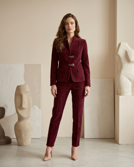 Bordeaux Elegance – Γυναικείο Κοστούμι με Μεταλλικά Κουμπώματα