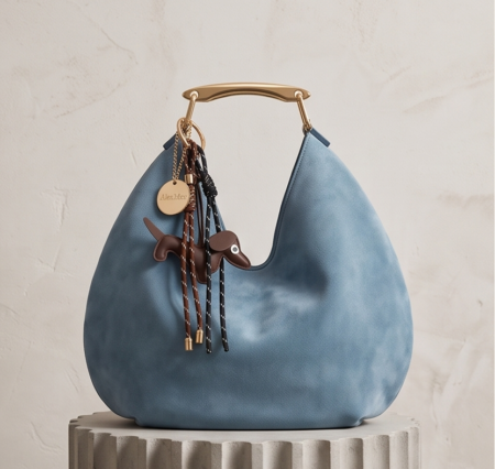 AlexMax Blue Suede – Hobo Τσάντα Ώμου με Χρυσό Χερούλι & Διακοσμητικό Charm