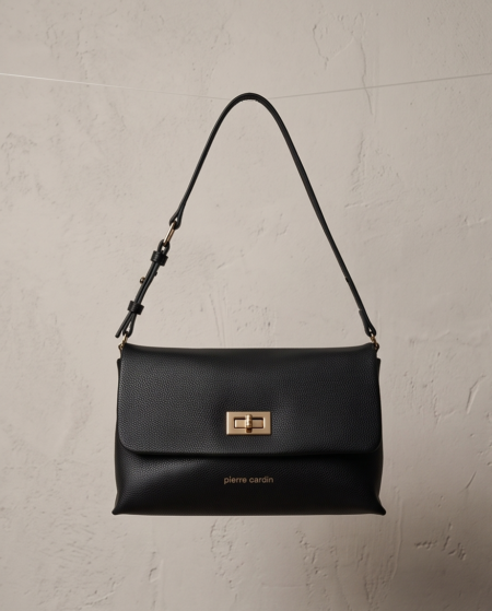 Pierre Cardin Noir Classique – Τσάντα Ώμου με Χρυσό Κούμπωμα